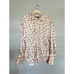 Zara Satin Cream & Pink Floral Button Down Synched Button Down Top